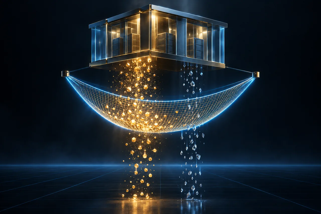 Illustrazione astratta di un fondo di protezione degli investitori come rete di sicurezza che trattiene gli attivi dei clienti mentre le perdite di mercato lo attraversano.