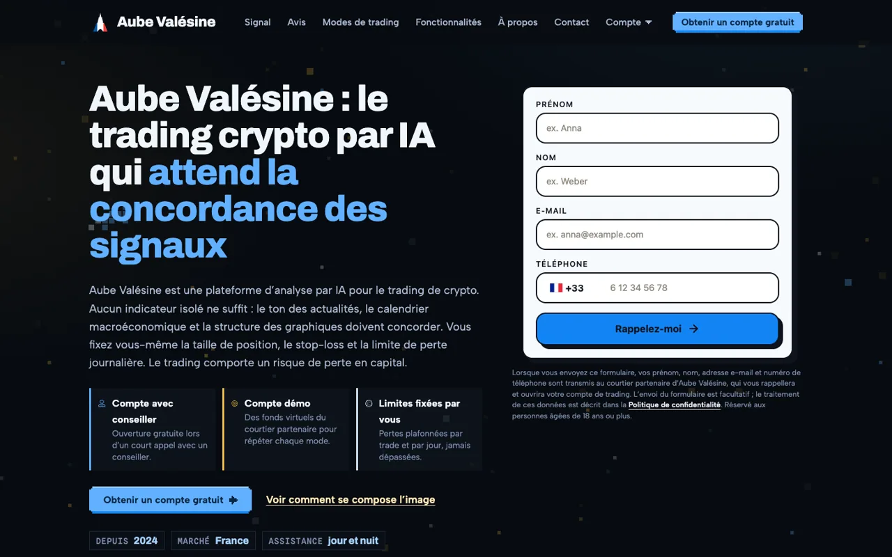Capture d'écran du site officiel d'Aube Valésine (aubevalesine-ai.org), octobre 2026