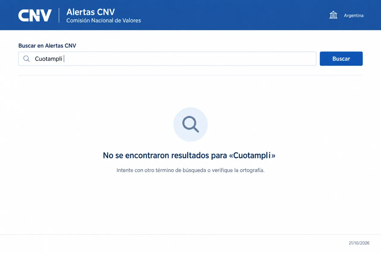 Búsqueda de Cuotampli en Alertas CNV sin registro, captura del 21/10/2026