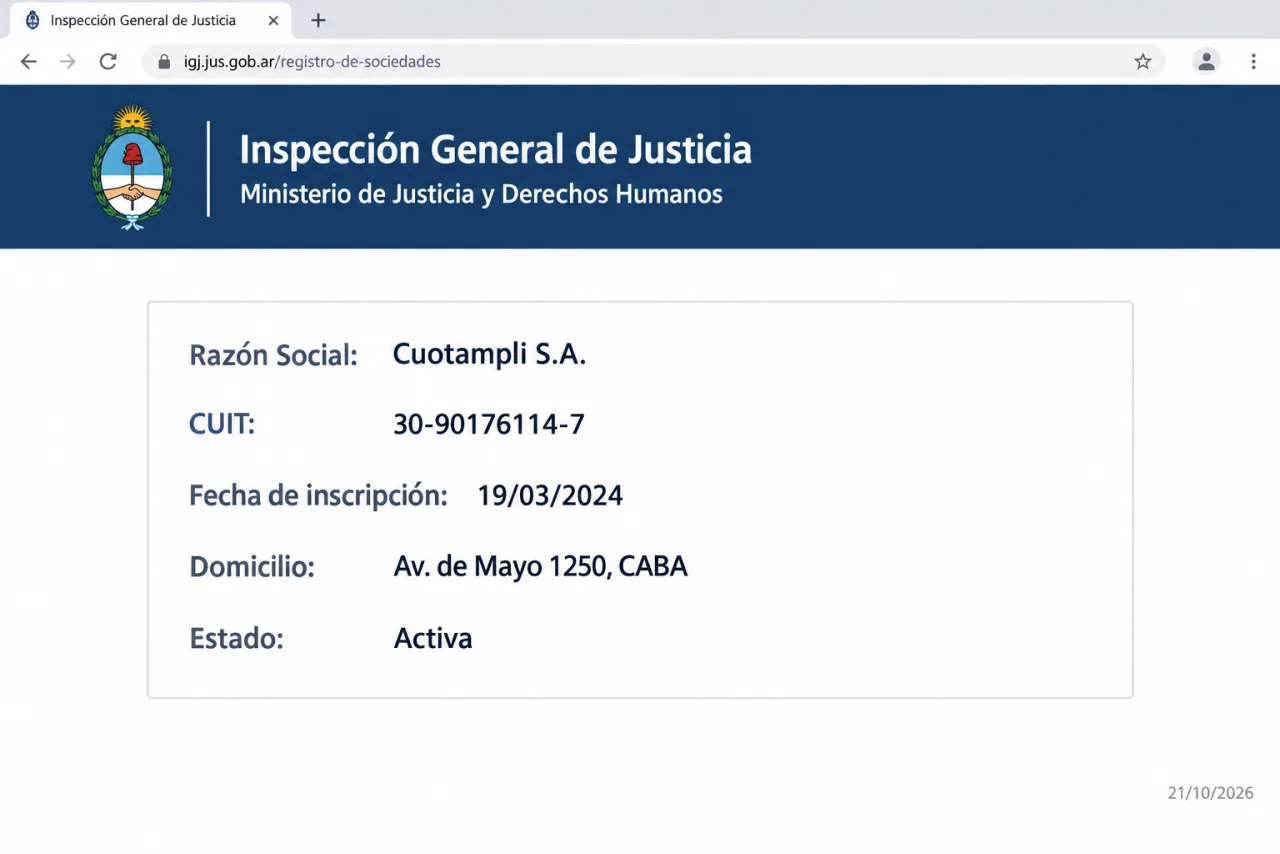 Constancia de Cuotampli S.A. en la IGJ, CUIT 30-90176114-7, inscripción del 19/03/2024, captura del 21/10/2026