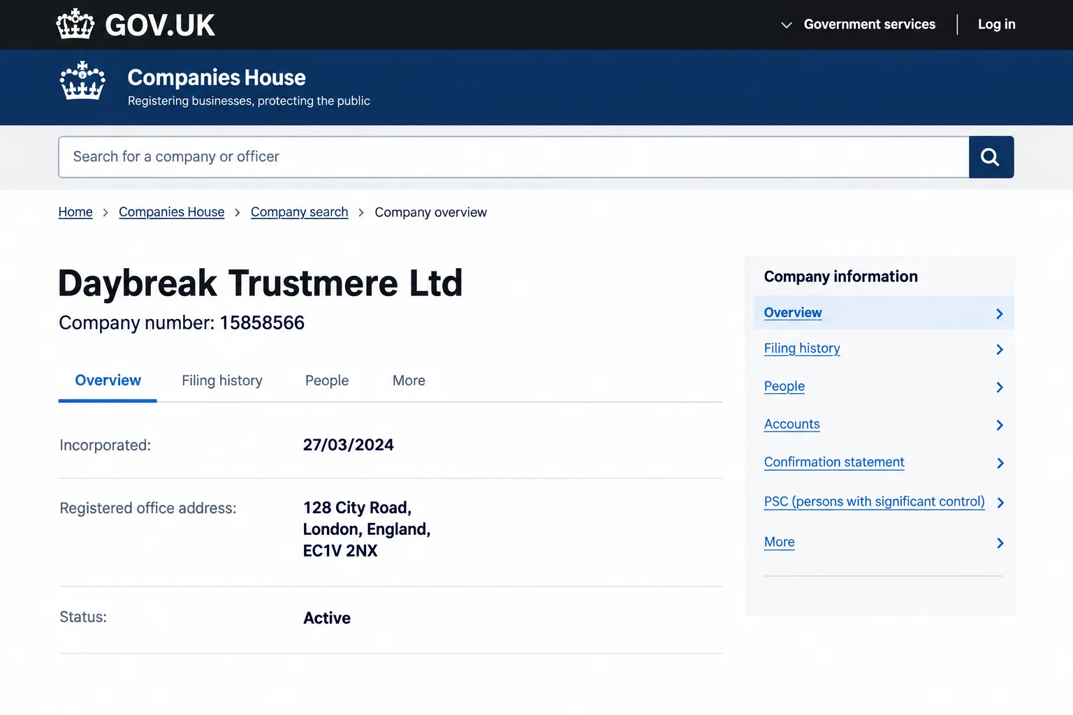 Companies House record of Daybreak Trustmere Ltd, company number CRN 15858566, incorporated 27/03/2024, registered office 128 City Road, London EC1V 2NX, checked 27/10/2026