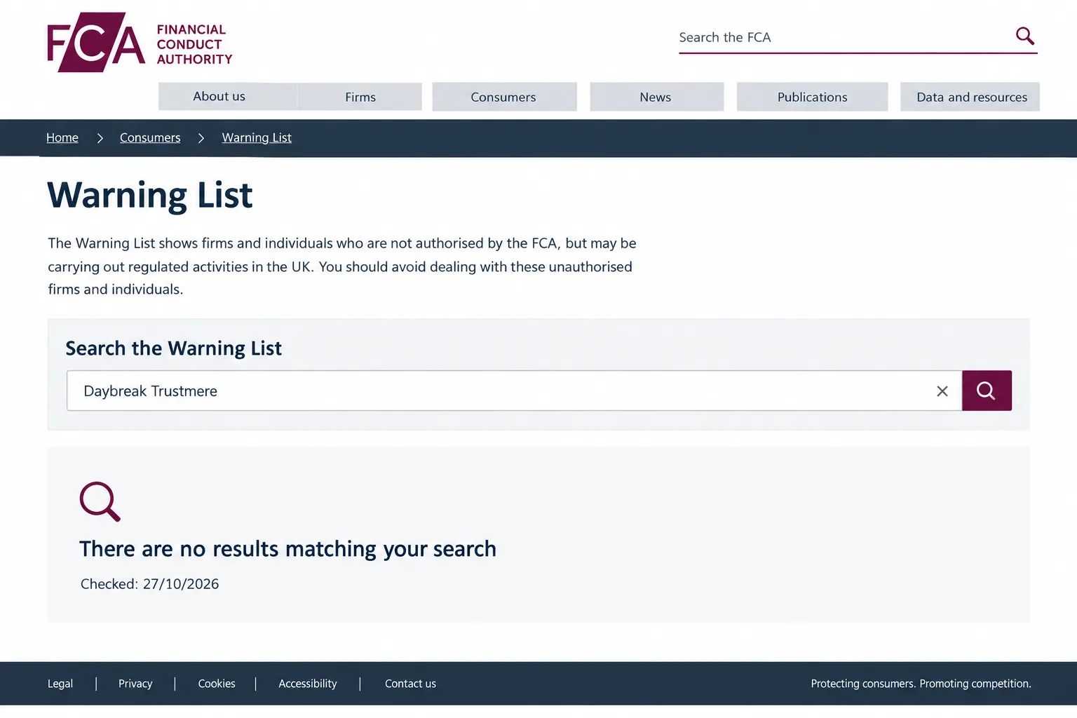 FCA Warning List search for Daybreak Trustmere with no entry, checked 27/10/2026