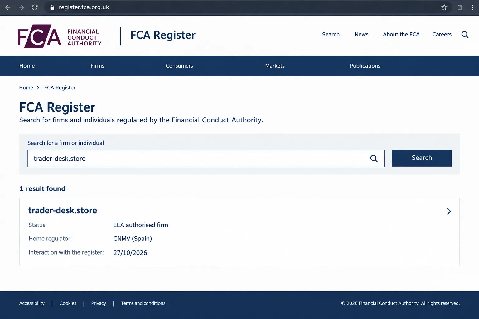 FCA Register search for the partner broker trader-desk.store, EEA authorised firm with home regulator CNMV (Spain), checked 27/10/2026