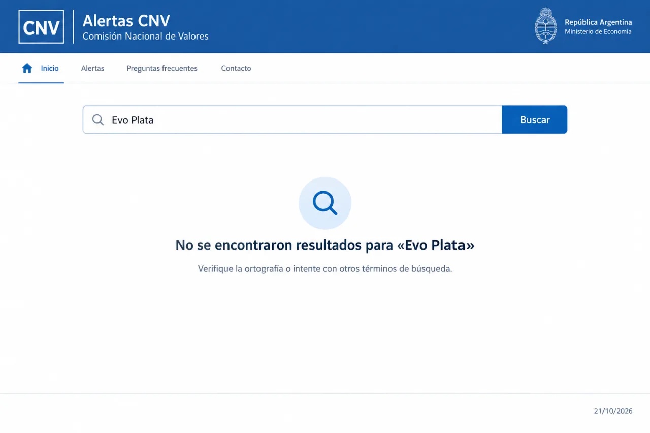 Búsqueda en Alertas CNV sin registro de Evo Plata, 21/10/2026