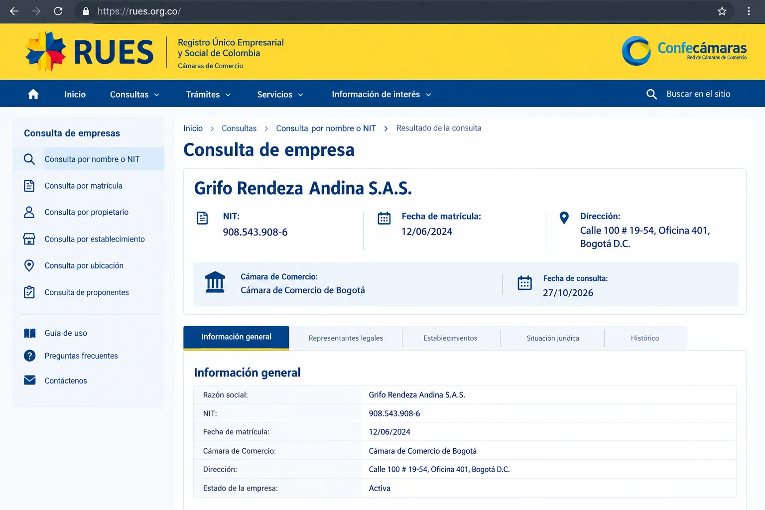 ficha RUES: Grifo Rendeza Andina S.A.S., NIT 908.543.908-6, matrícula mercantil 12/06/2024, Calle 100 # 19-54, Bogotá D.C.