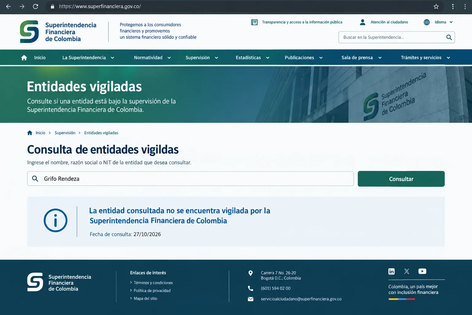 consulta de entidades vigiladas de la SFC: «no se encuentra vigilada», 27/10/2026.