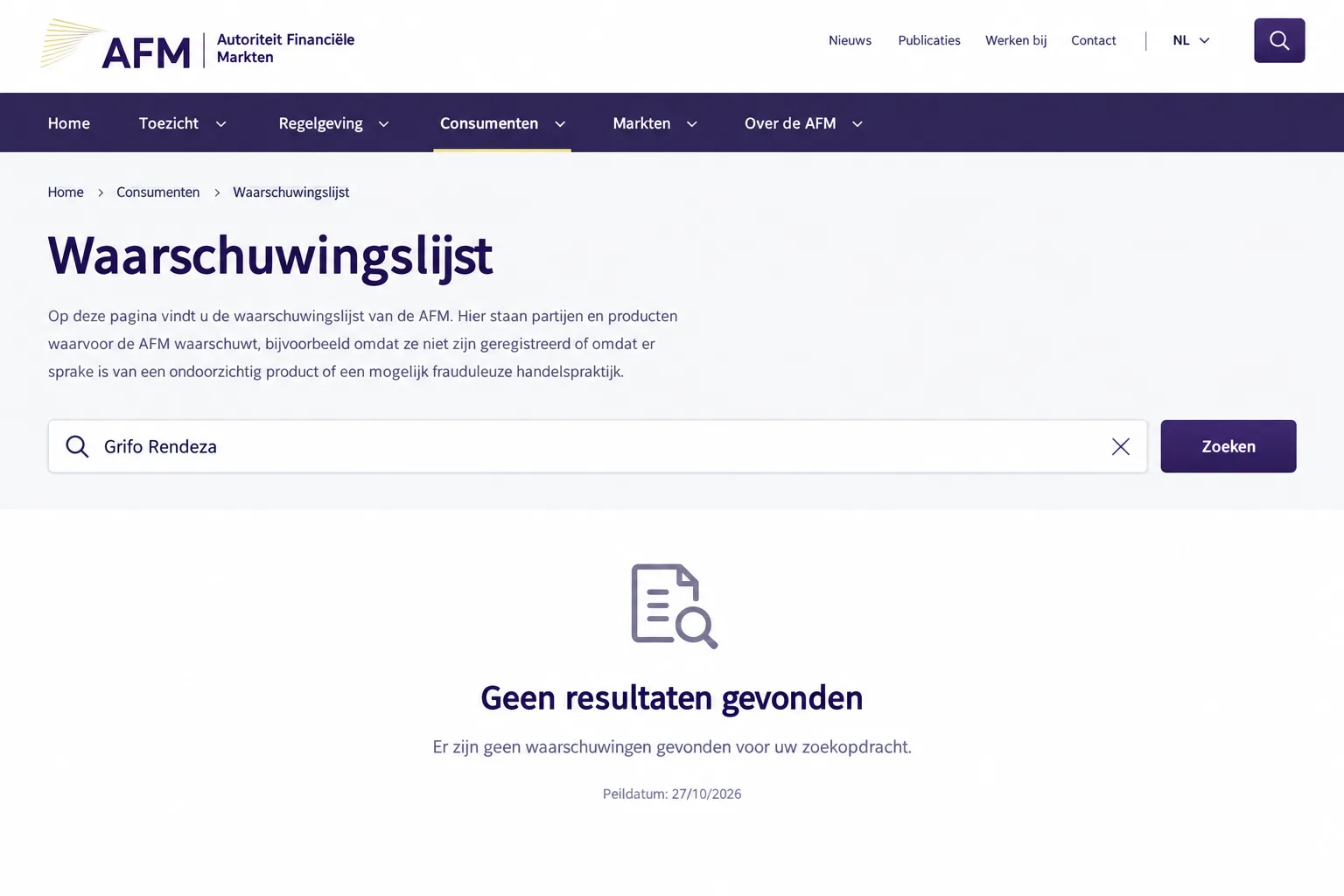 AFM waarschuwingslijst, zoektocht «Grifo Rendeza» zonder resultaten, 27/10/2026
