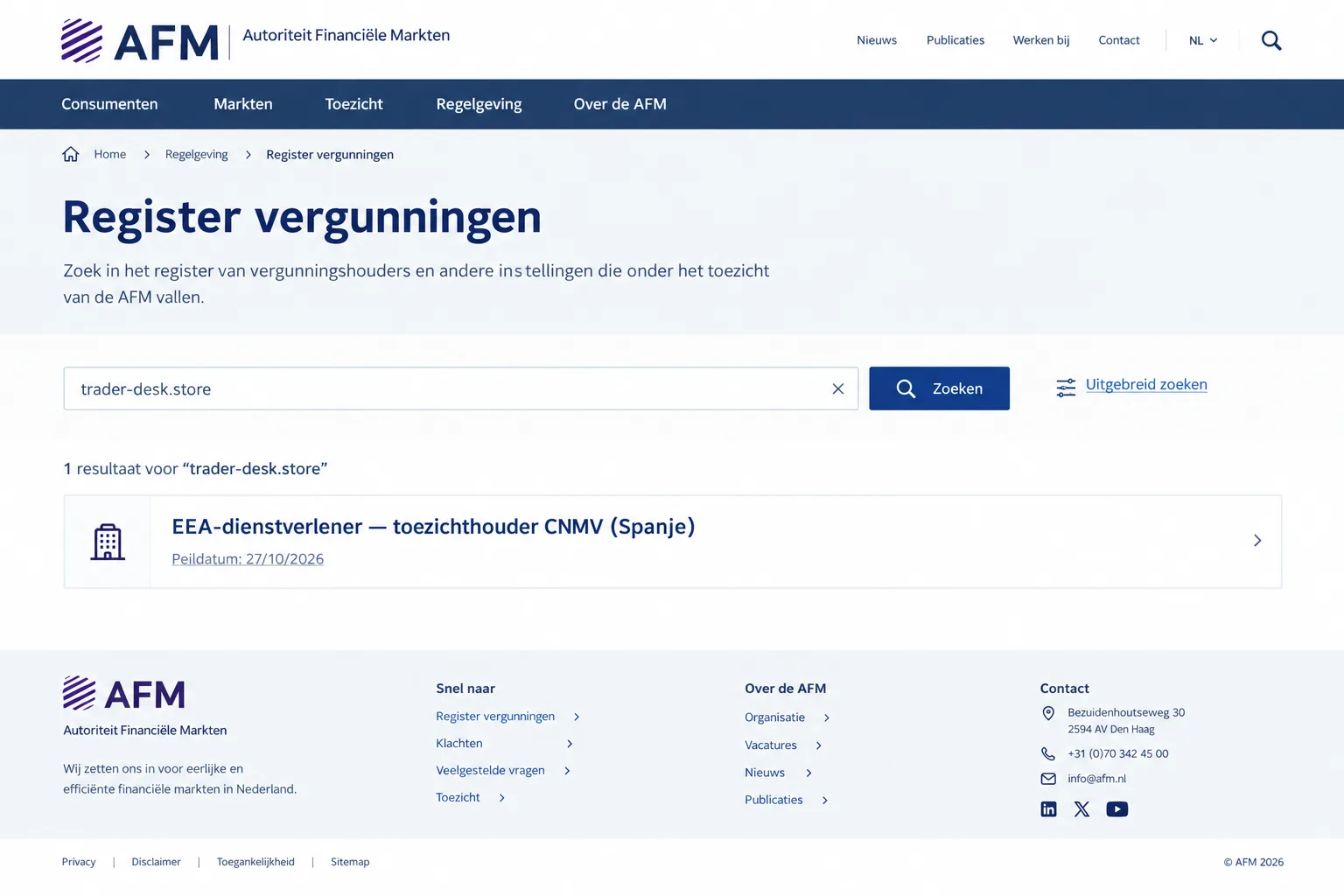 AFM-register, partnerbroker trader-desk.store, ingeschreven in het Spaanse register CNMV, check van 27/10/2026