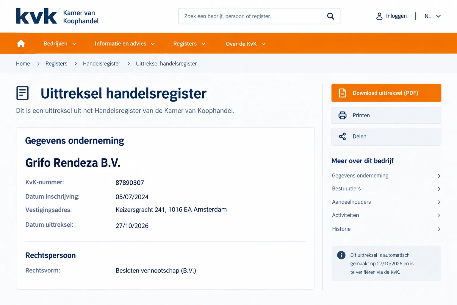 uittreksel handelsregister KvK, Grifo Rendeza B.V., KvK-nummer 87890307, inschrijving 05/07/2024, vestigingsadres Keizersgracht 241, 1016 EA Amsterdam