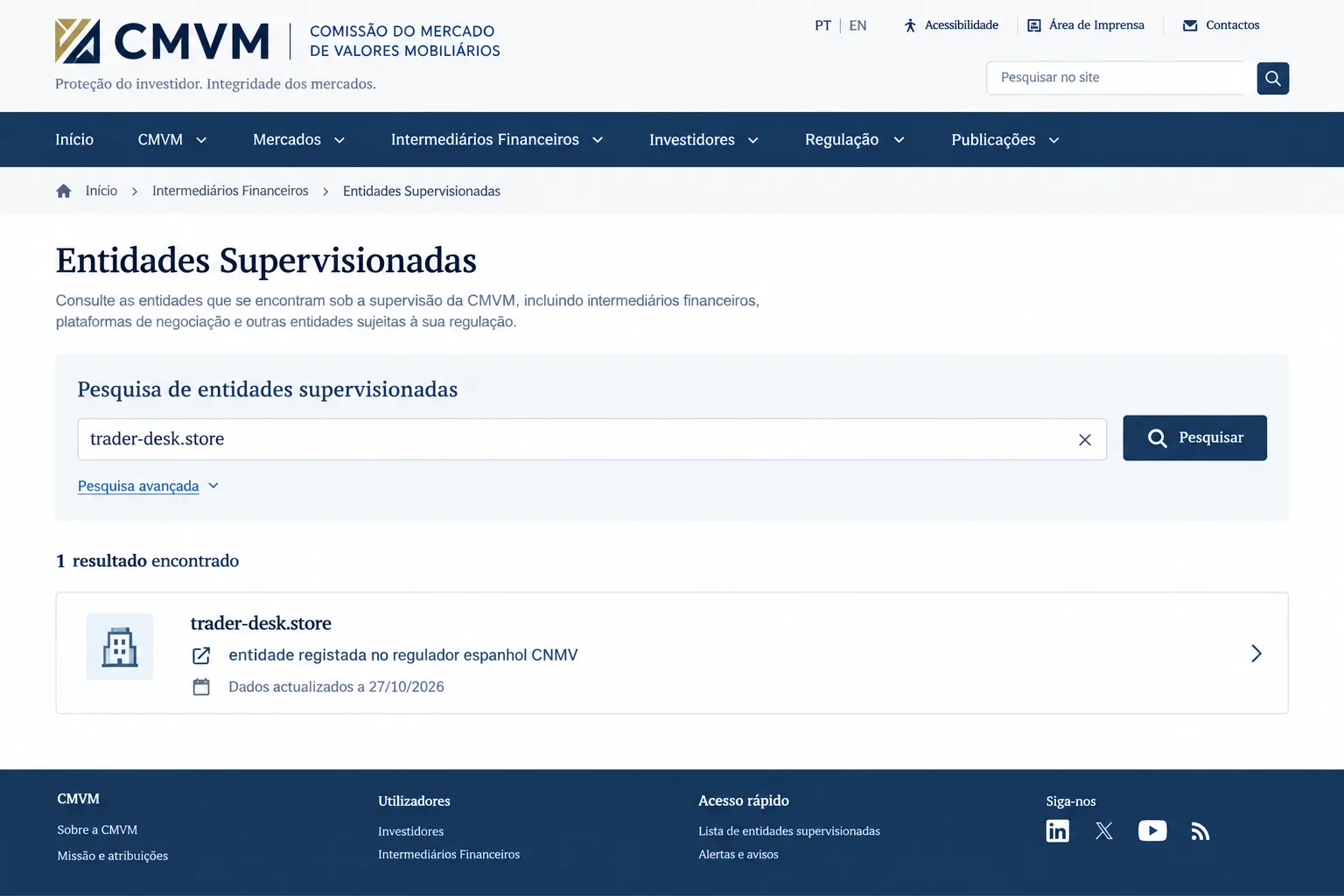 CMVM, corretora parceira trader-desk.store, inscrita no registro espanhol CNMV, 27/10/2026