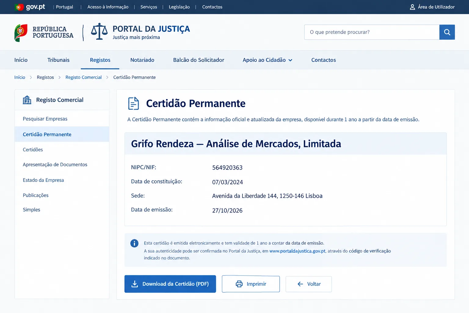 certidão do Registo Comercial de Lisboa, Grifo Rendeza — Análise de Mercados, Limitada, NIPC/NIF 564920363, data de constituição 07/03/2024, Avenida da Liberdade 144, 1250-146 Lisboa