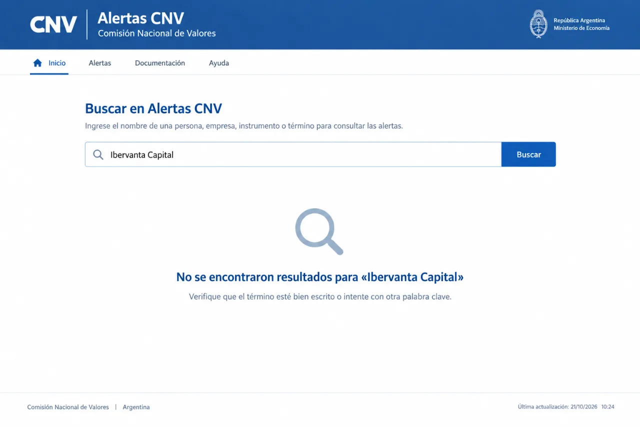 Búsqueda en Alertas CNV sin entradas para Ibervanta Capital, capturada el 21/10/2026