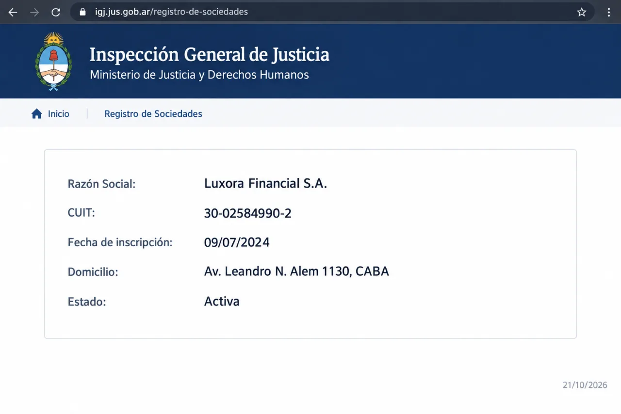 IGJ, ficha de Luxora Financial S.A. con CUIT 30-02584990-2 e inscripción del 09/07/2024, vista el 21/10/2026