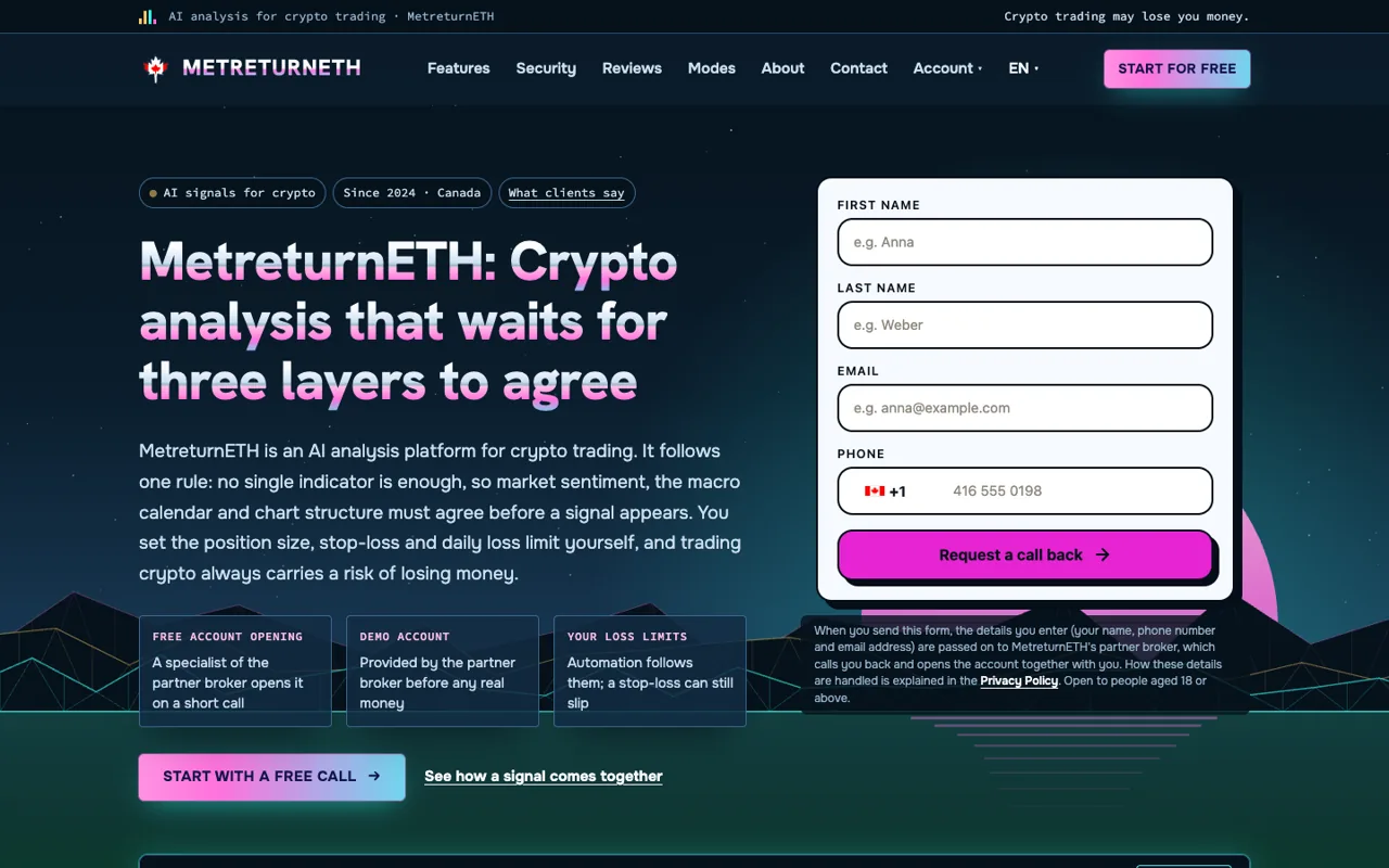 Capture d'écran du site officiel de MetreturnETH (metreturneth.ca)