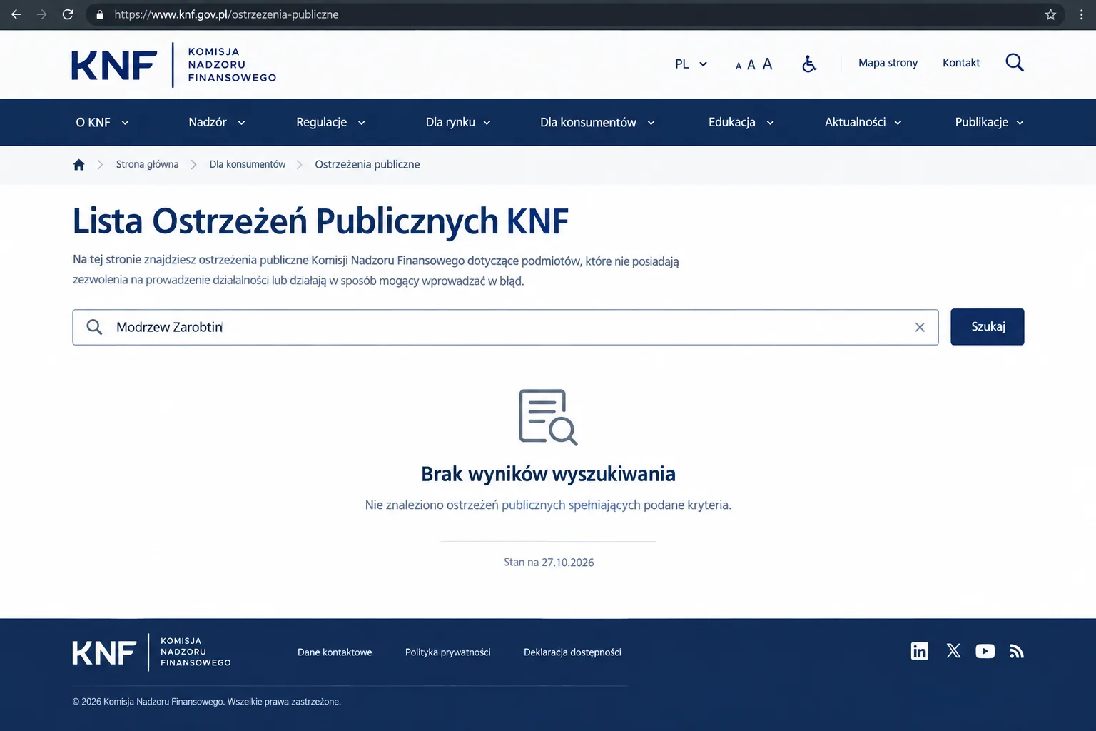 Lista Ostrzeżeń Publicznych KNF, zapytanie «Modrzew Zarobtin», brak wyników wyszukiwania, 27/10/2026