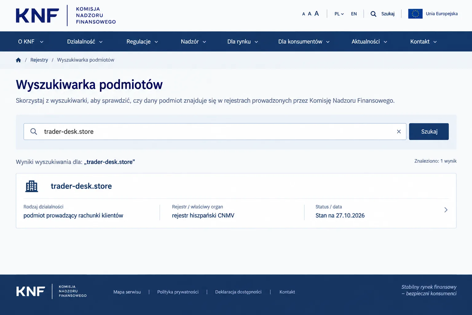 Wyszukiwarka KNF: trader-desk.store, podmiot prowadzący rachunki klientów, rejestr hiszpański CNMV, stan na 27/10/2026