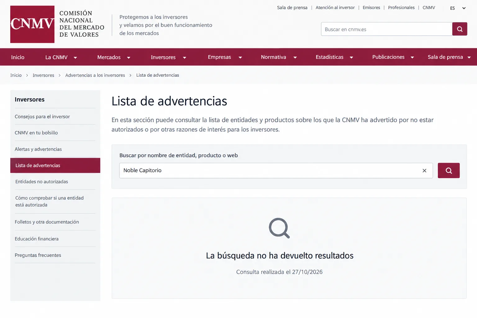 lista de advertencias de la CNMV, búsqueda «Noble Capitorio» sin resultados, 27/10/2026