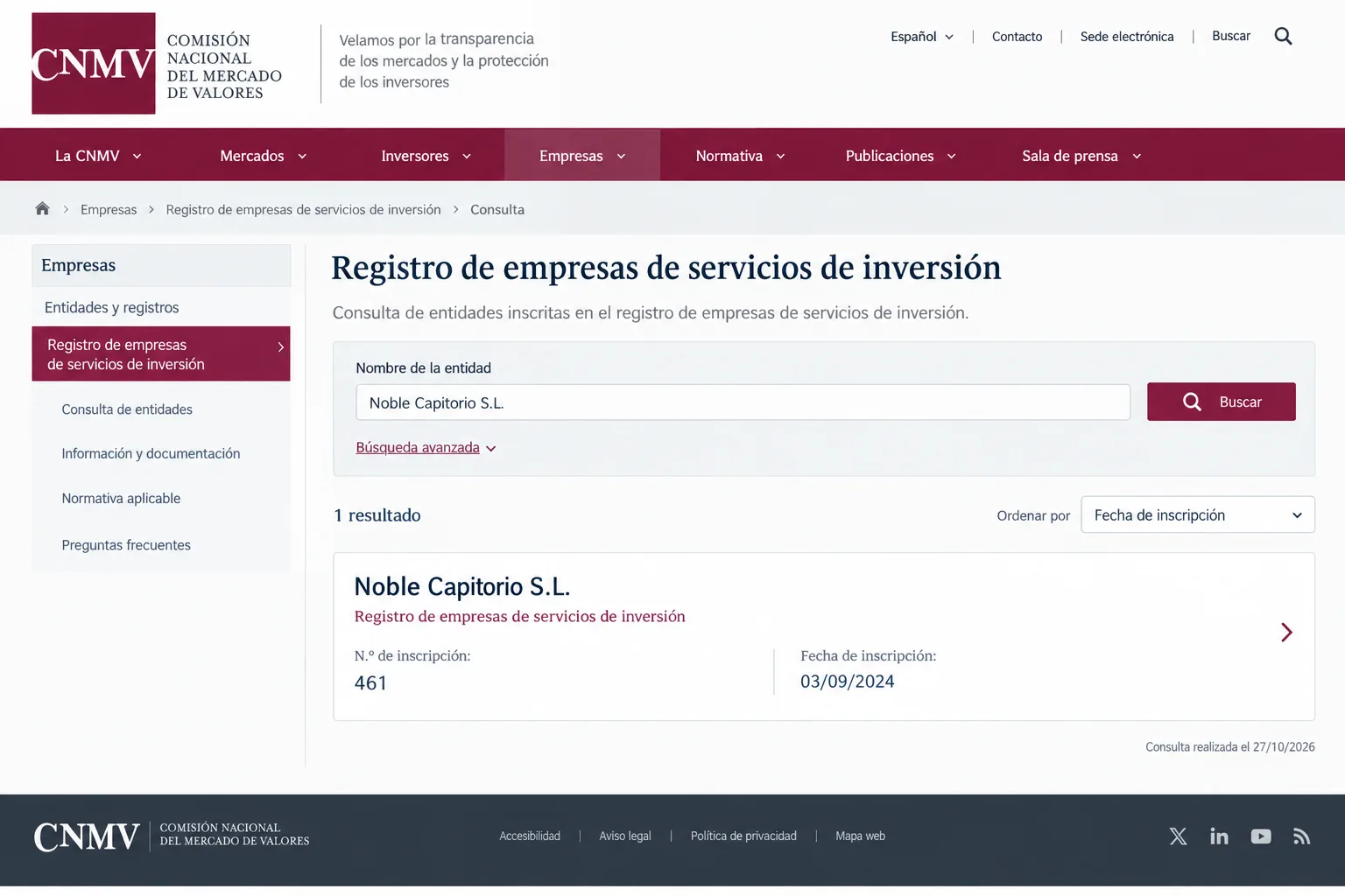 buscador de la CNMV, Noble Capitorio S.L., registro de empresas de servicios de inversión, n.º 461, fecha de inscripción 03/09/2024