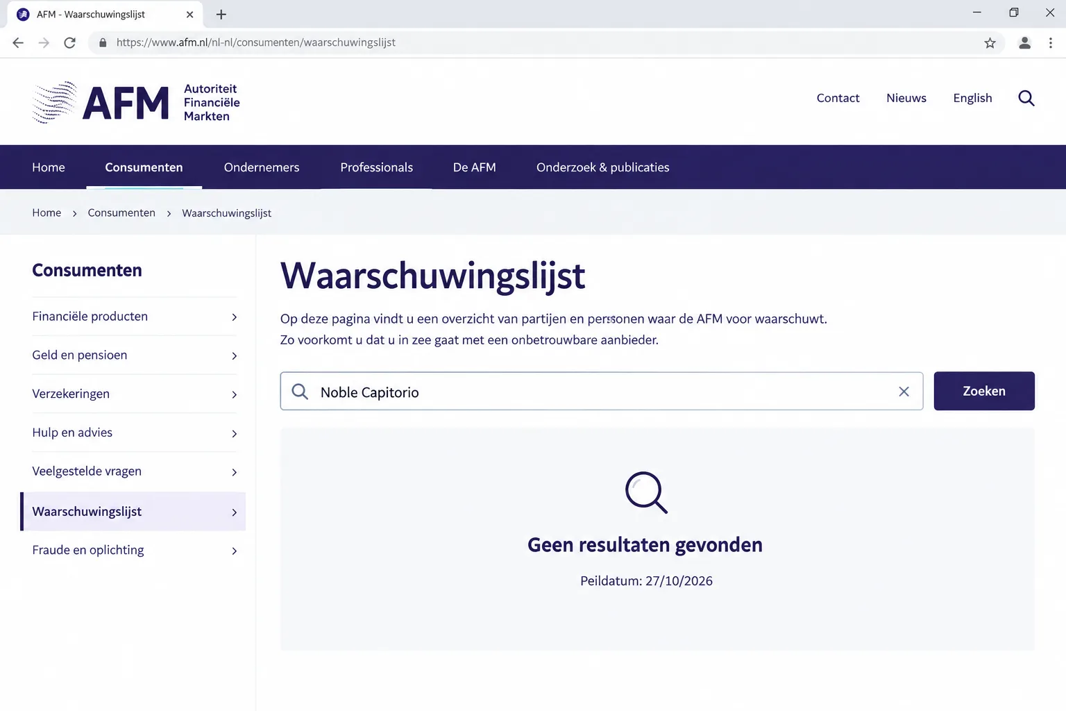 AFM waarschuwingslijst, zoektocht «Noble Capitorio» geen resultaten, 27/10/2026