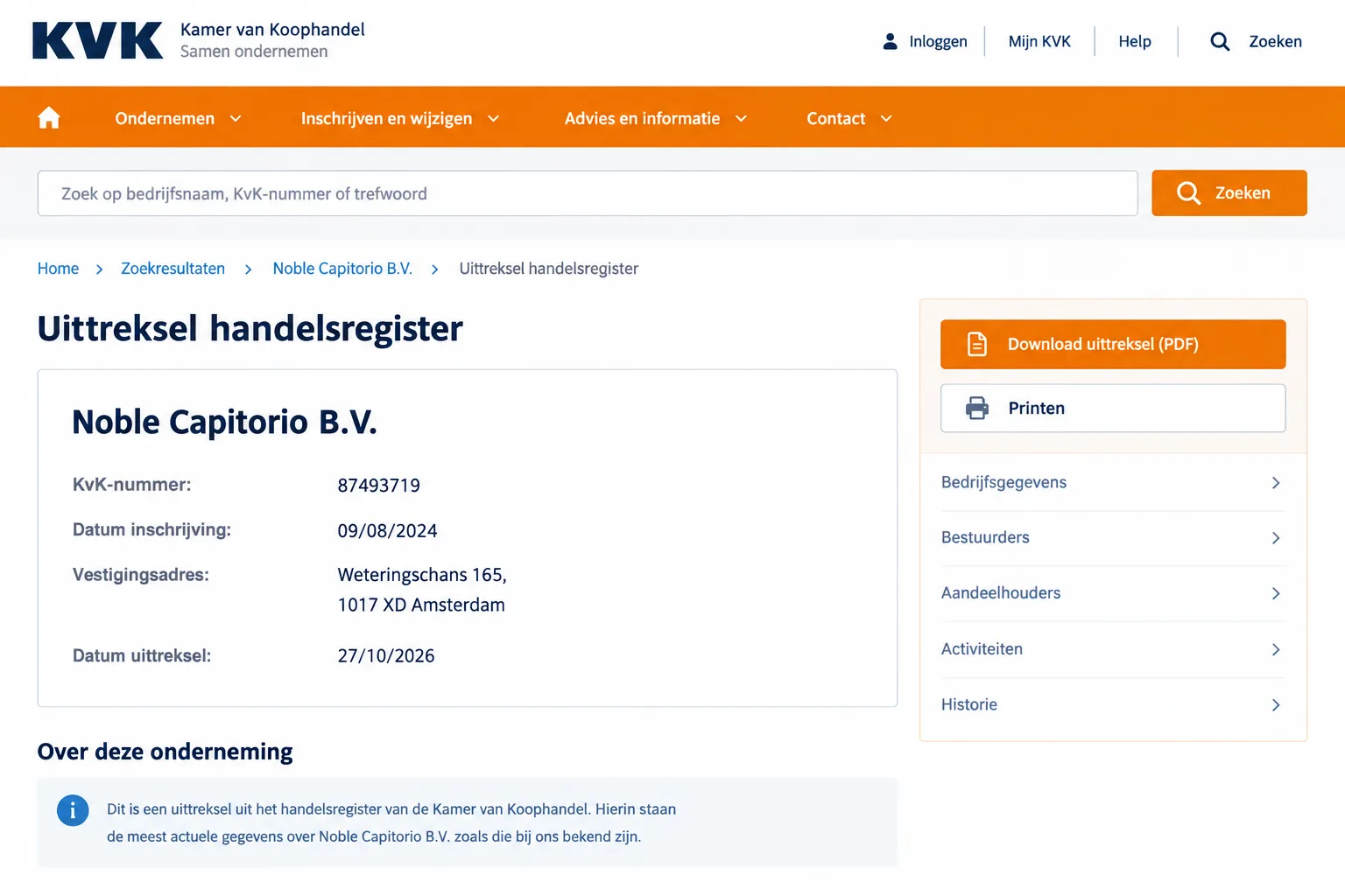 uittreksel handelsregister KvK, Noble Capitorio B.V., KvK-nummer 87493719, inschrijving 09/08/2024, Weteringschans 165