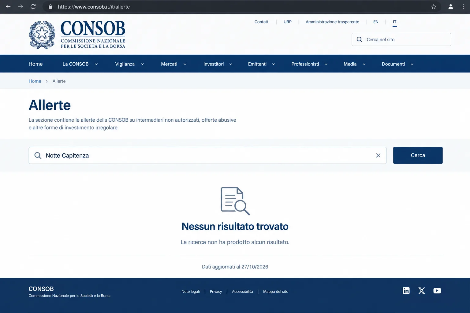 Elenco allerte CONSOB, ricerca «Notte Capitenza» senza esiti, dati aggiornati al 27/10/2026