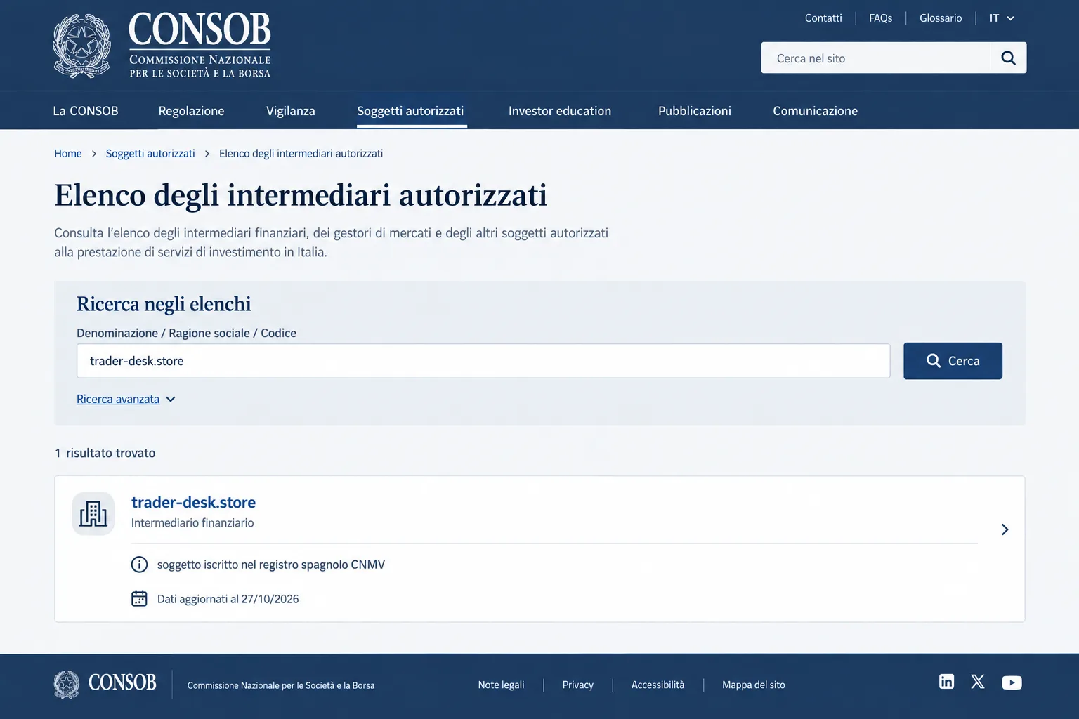 Elenco intermediari CONSOB, broker partner trader-desk.store iscritto nel registro spagnolo CNMV