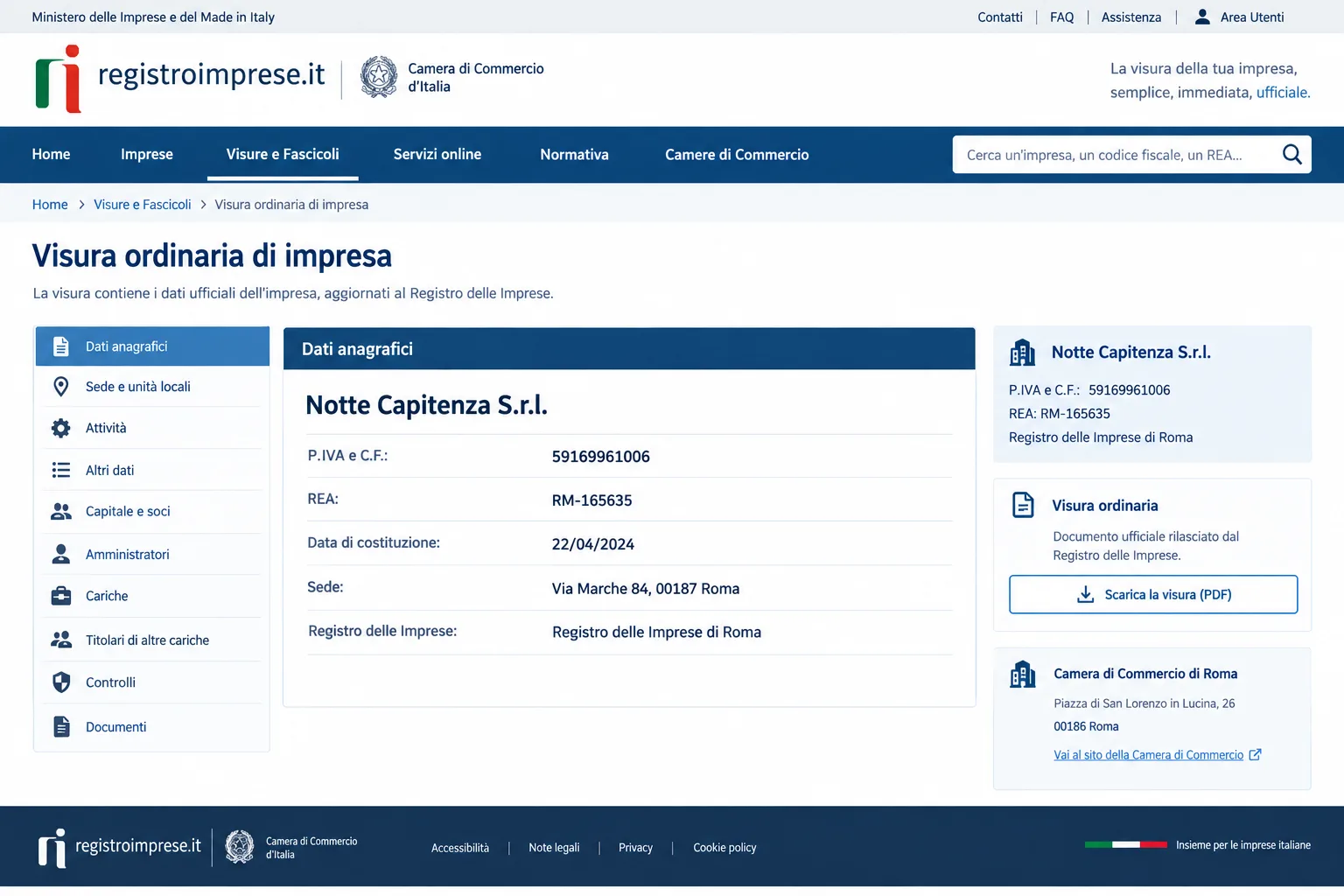 Visura di Notte Capitenza S.r.l. nel Registro delle Imprese di Roma, P.IVA e C.F. 59169961006, REA RM-165635, costituzione 22/04/2024, sede Via Marche 84, 00187 Roma