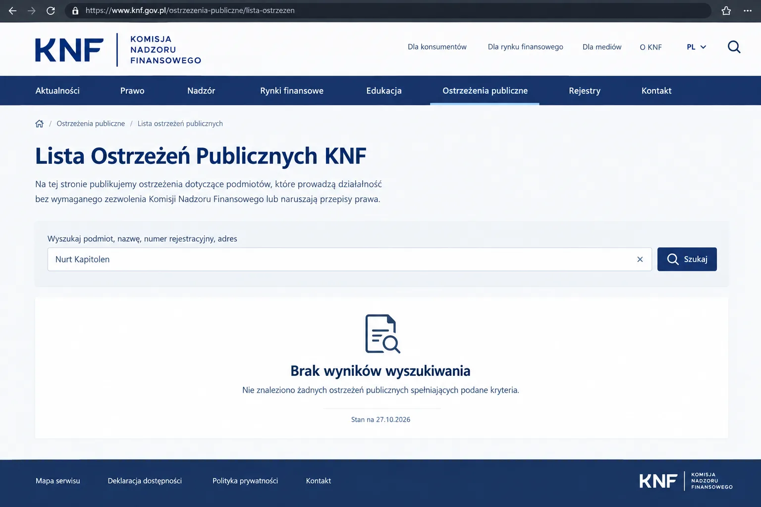 Lista Ostrzeżeń Publicznych KNF: pusty wynik dla frazy „Nurt Kapitolen”, stan na 27/10/2026