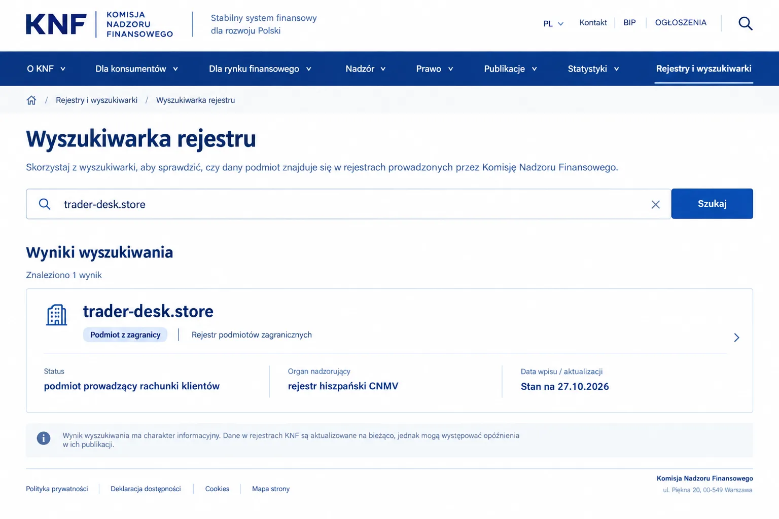 wyszukiwarka KNF: broker partnerski trader-desk.store, rejestr hiszpański CNMV, stan na 27/10/2026
