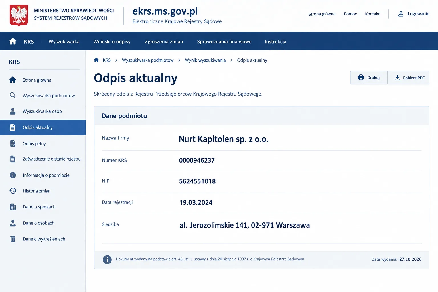 odpis aktualny KRS 0000946237: NIP 5624551018, rejestracja 19/03/2024, siedziba al. Jerozolimskie 141, 02-971 Warszawa, 27/10/2026