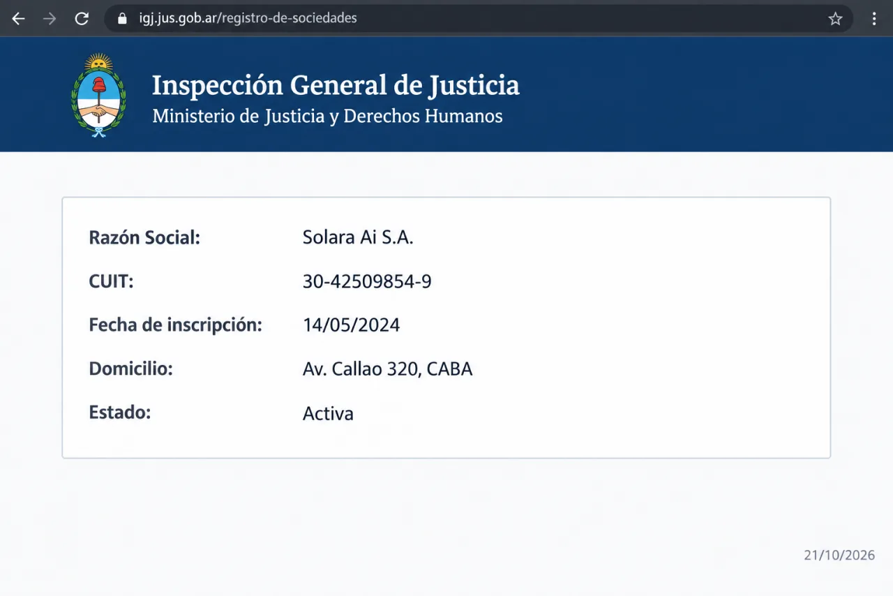 registro de Solara Ai S.A. en la IGJ, CUIT 30-42509854-9, inscripción del 14/05/2024, al 21/10/2026