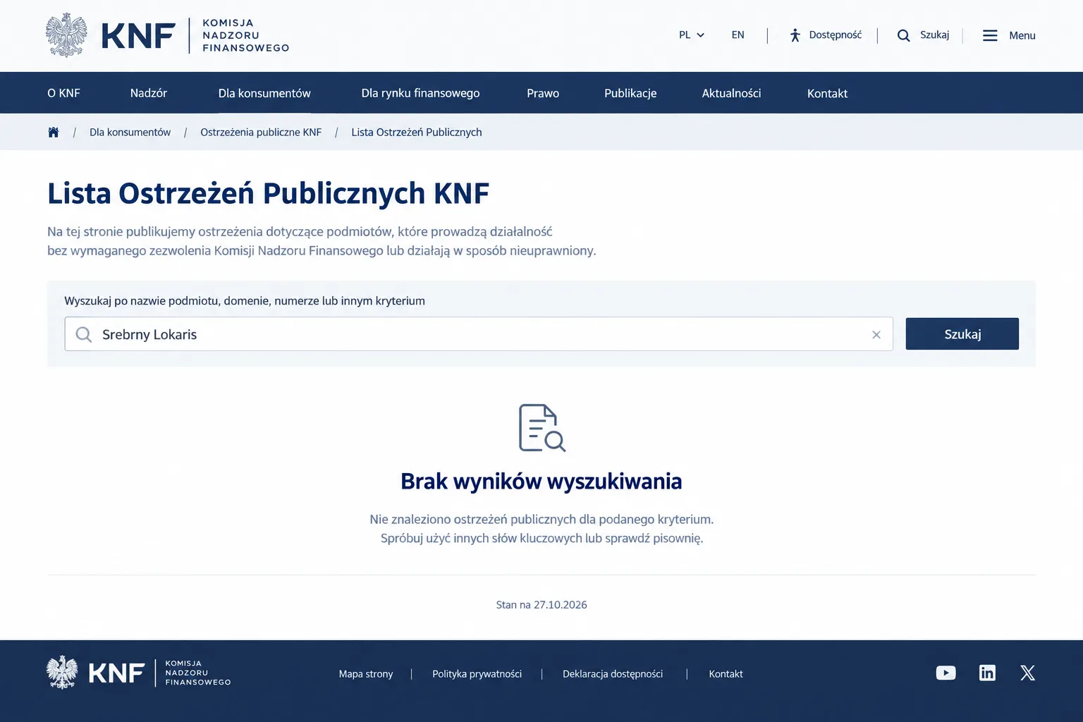 Lista Ostrzeżeń Publicznych KNF: pusty wynik dla nazwy Srebrny Lokaris, stan na 27/10/2026