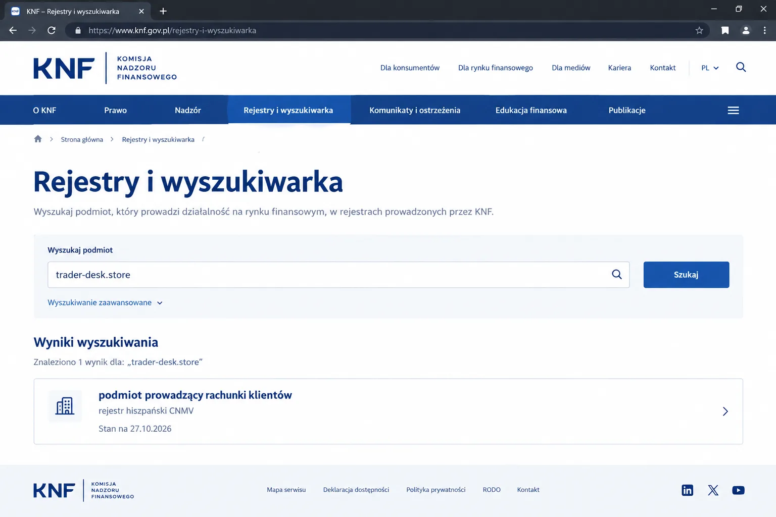 Wyszukiwarka KNF: wpis brokera partnerskiego trader-desk.store (rejestr CNMV), stan na 27/10/2026