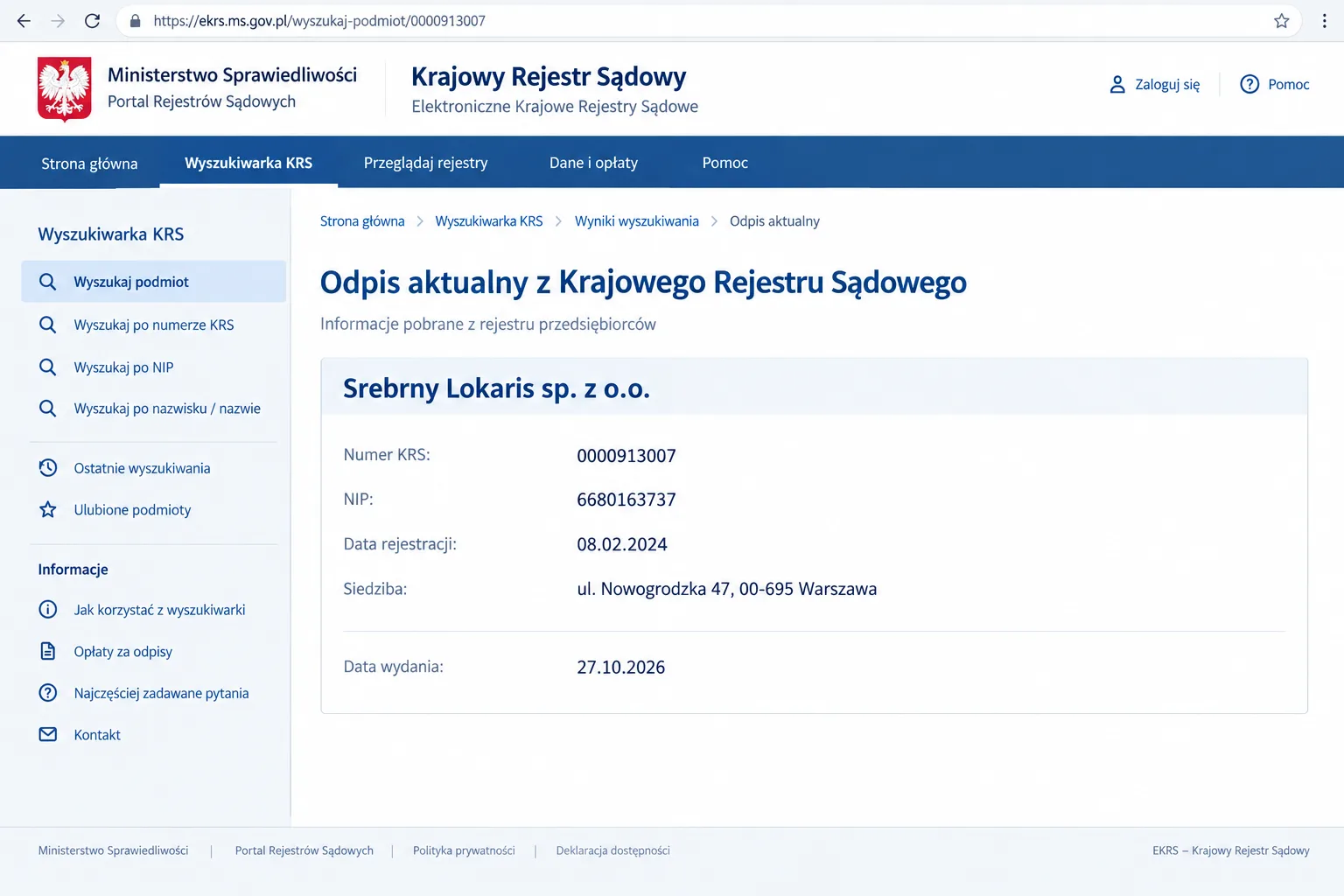 Odpis KRS 0000913007: NIP 6680163737, data rejestracji 08/02/2024, siedziba ul. Nowogrodzka 47, 00-695 Warszawa