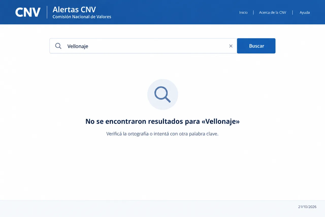 Búsqueda en Alertas CNV sin registro de Vellonaje, 21/10/2026