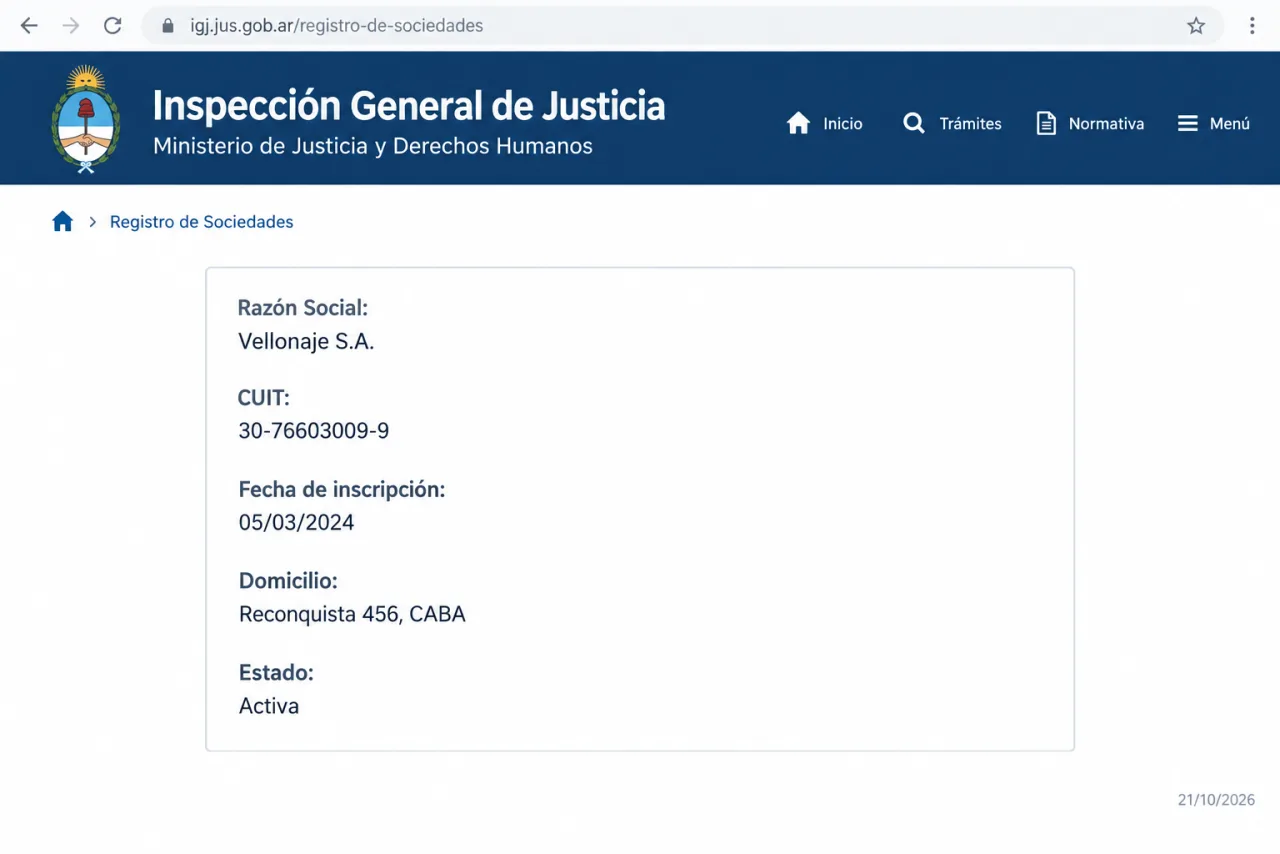 Ficha de la IGJ para Vellonaje S.A., CUIT 30-76603009-9, inscripta el 05/03/2024, consultada el 21/10/2026