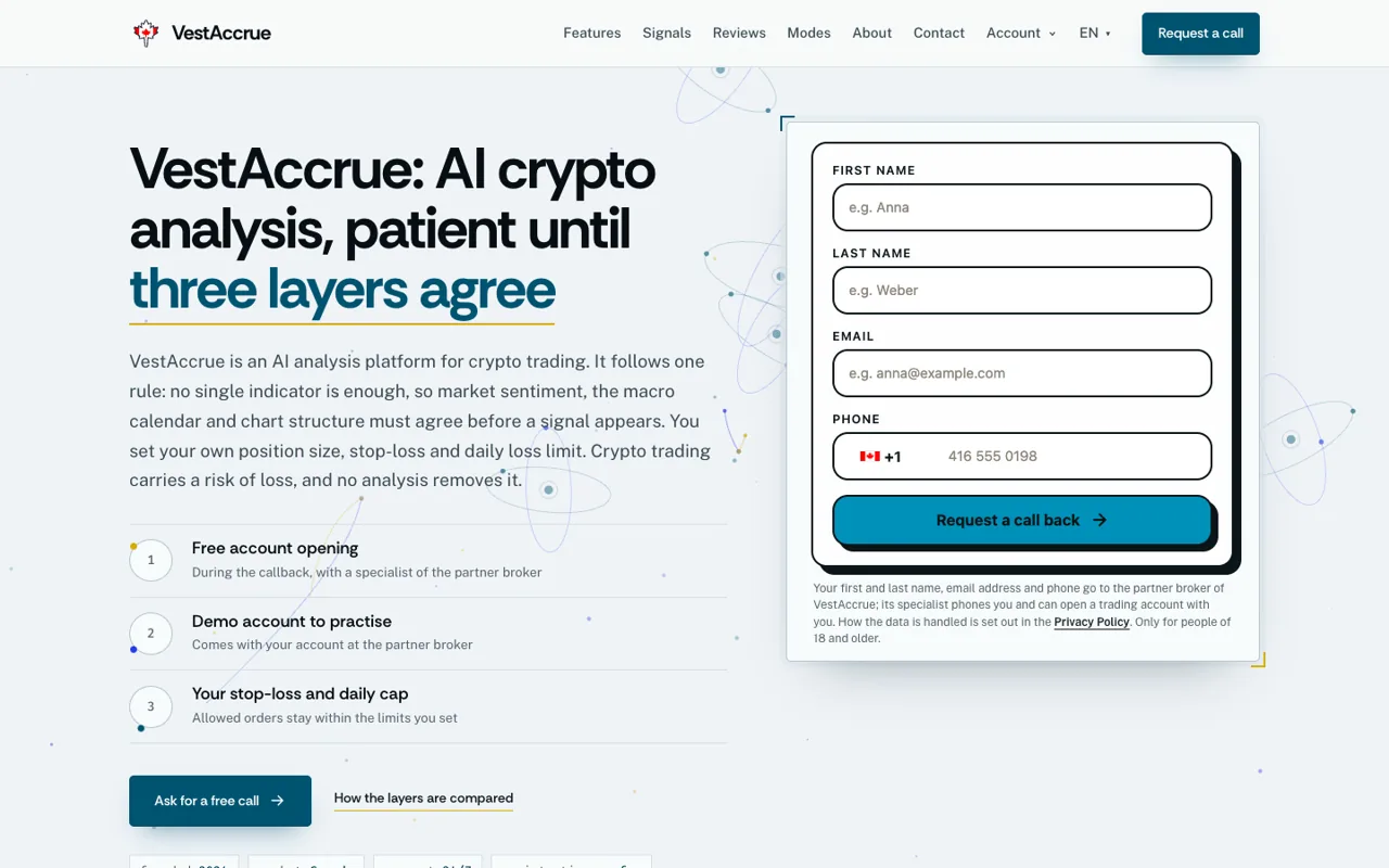 Capture d'écran du site officiel de VestAccrue (vestaccrue-ai.ca)