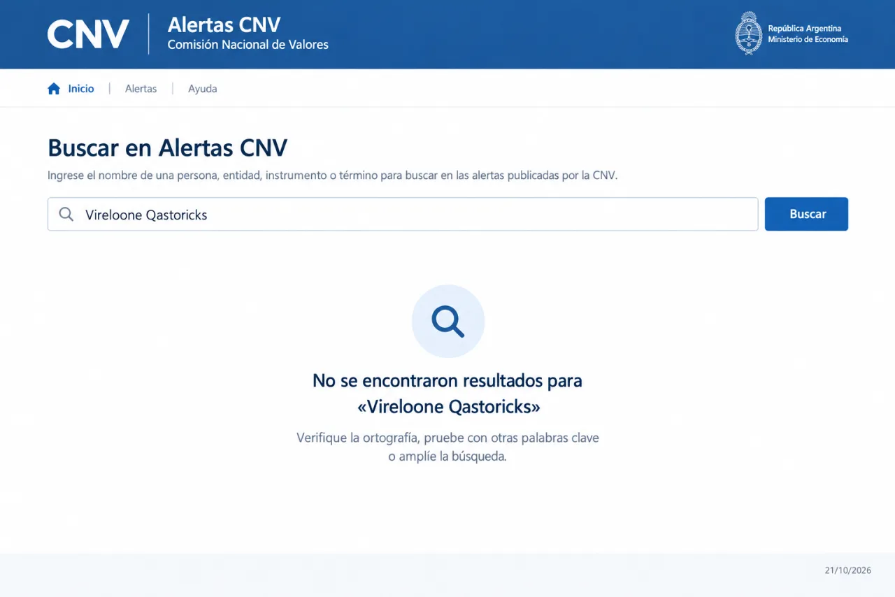 búsqueda en Alertas CNV sin registro de Vireloone Qastoricks, 21/10/2026