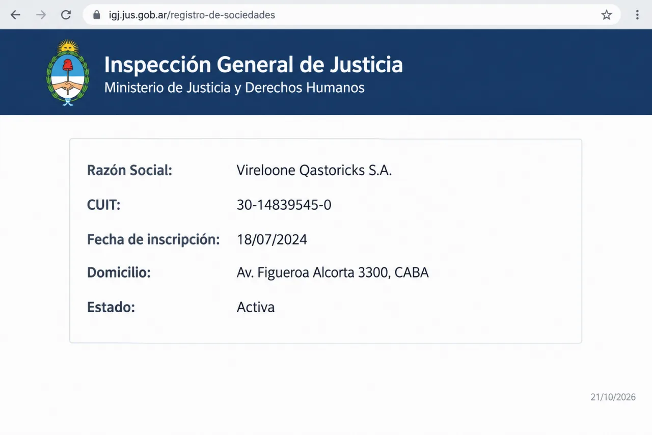 ficha de la IGJ para Vireloone Qastoricks S.A., CUIT 30-14839545-0, inscripta el 18/07/2024, consultada el 21/10/2026